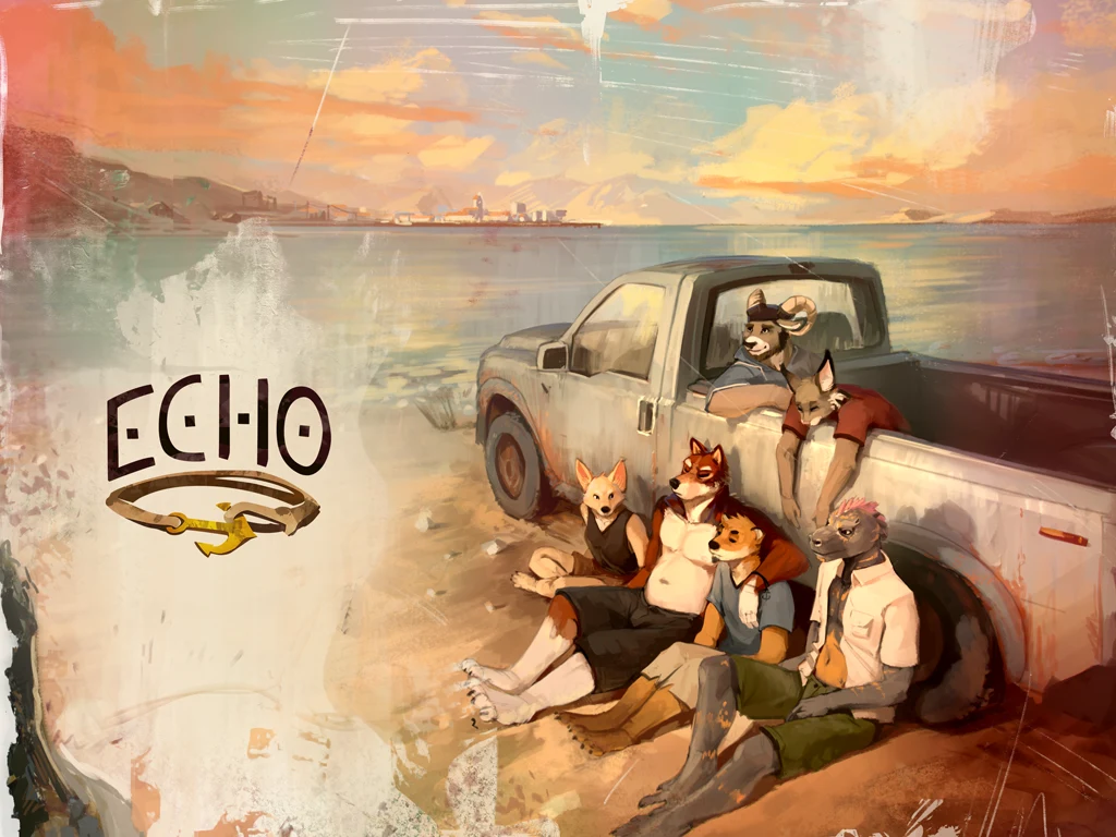Echo’s friends gathered around a pickup truck beside a desert lake